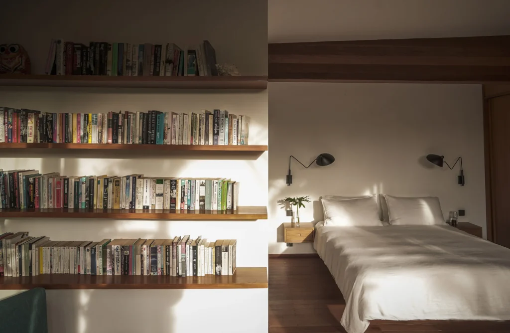 the bedroom interior of bawa house with bookshelf